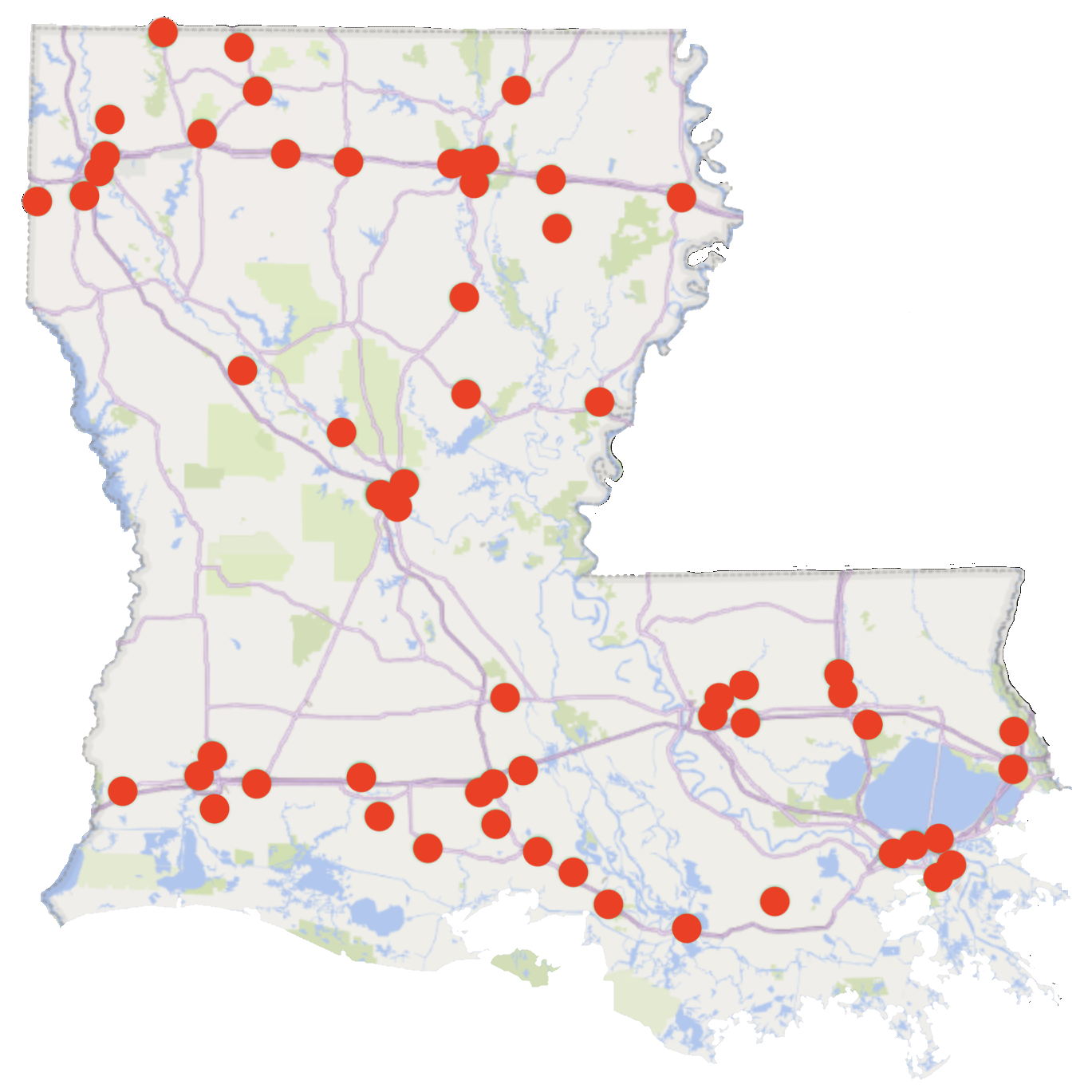 Red dots mark communities that have at least one Methodist Foster Care home.